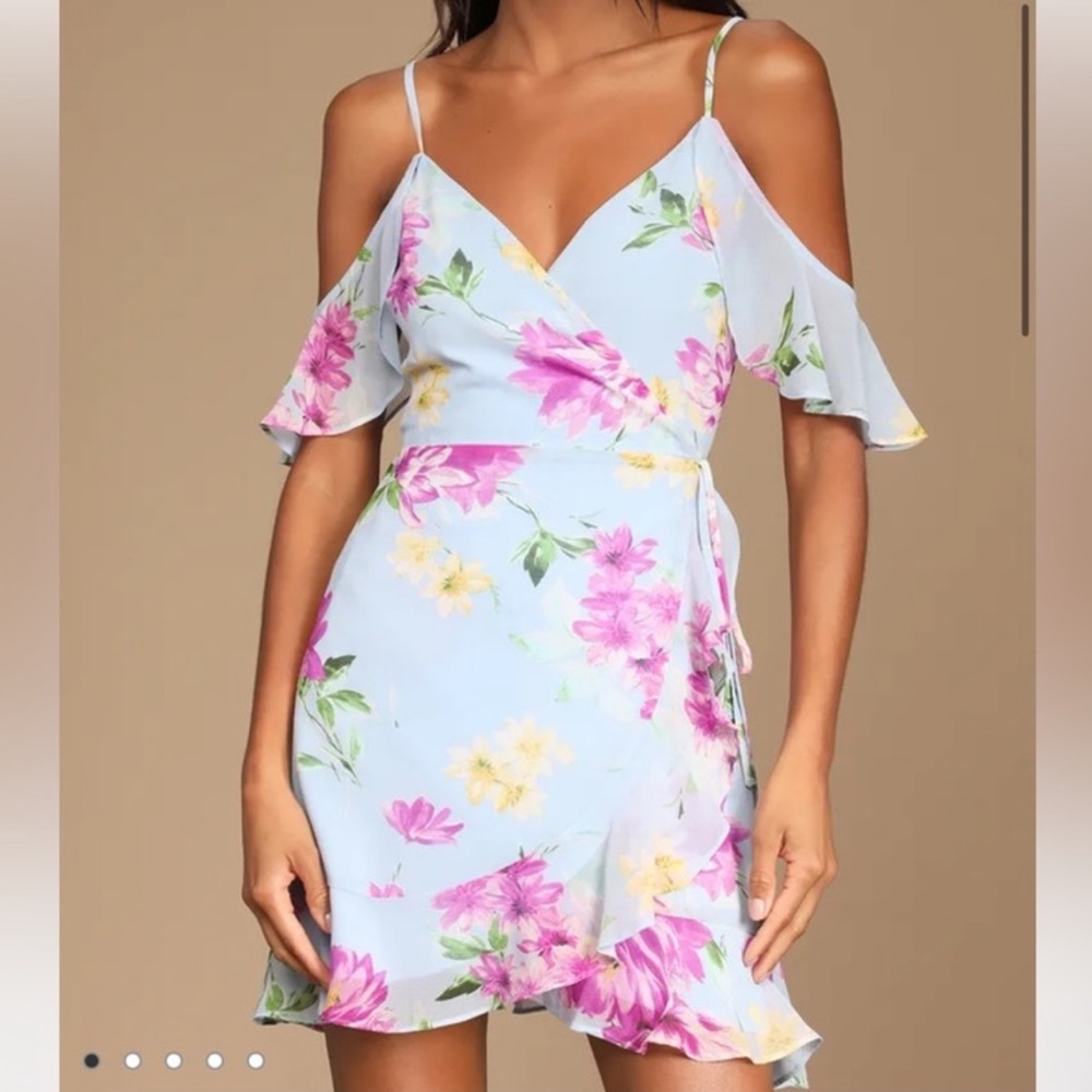 Lulu's Light Blue Floral Cold-Shoulder Mini Dress